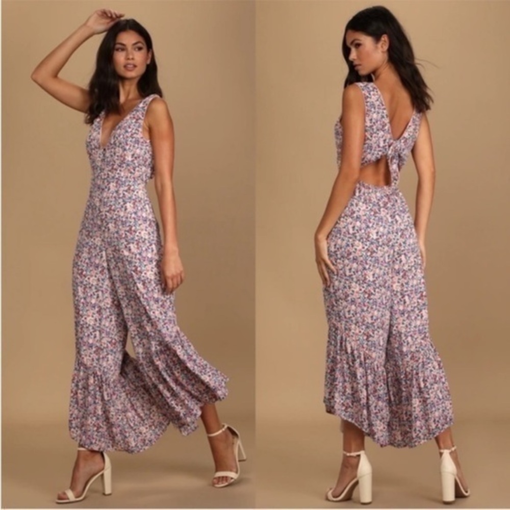 Lulu’s Make it Beautiful Cream Floral Print Ruffled Open Tie-Back Jumpsuit